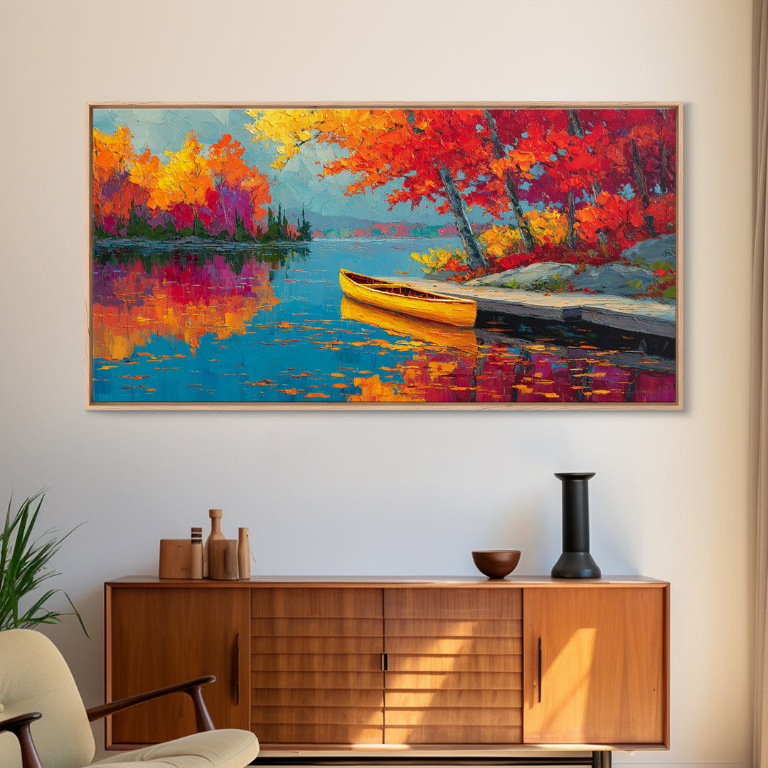Autumn Canoe Lake Painting Canvas Print, Colorful Fall Landscape Wall Art, Lake House Decor, Rustic Cabin Living Room Art