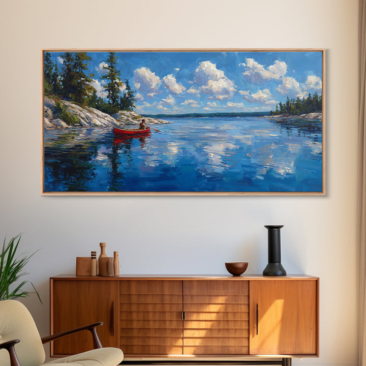 Red Kayak Mountain Lake Wall Art, Blue Water Landscape Canvas, Peaceful Cabin Decor For Lake House, Nature Art Print Gift