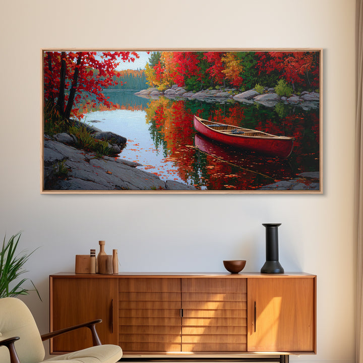 Red Canoe On Autumn Lake Framed Canvas Print, Cabin Wall Art, Fall Landscape Painting, Rustic Lake House Decor, Nature Art Print