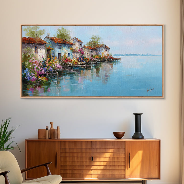 Mediterranean Village Reflected On Blue Water Wall Art, Italian Coastal Canvas Print, Lake Como Decor, European Home Decor