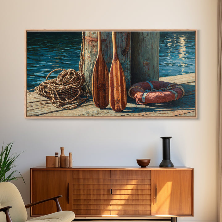 Weathered Dock Oars And Rope Canvas Print, Nautical Wall Art, Coastal Lake House Decor, Beach House Gift For Him, Fine Art Print