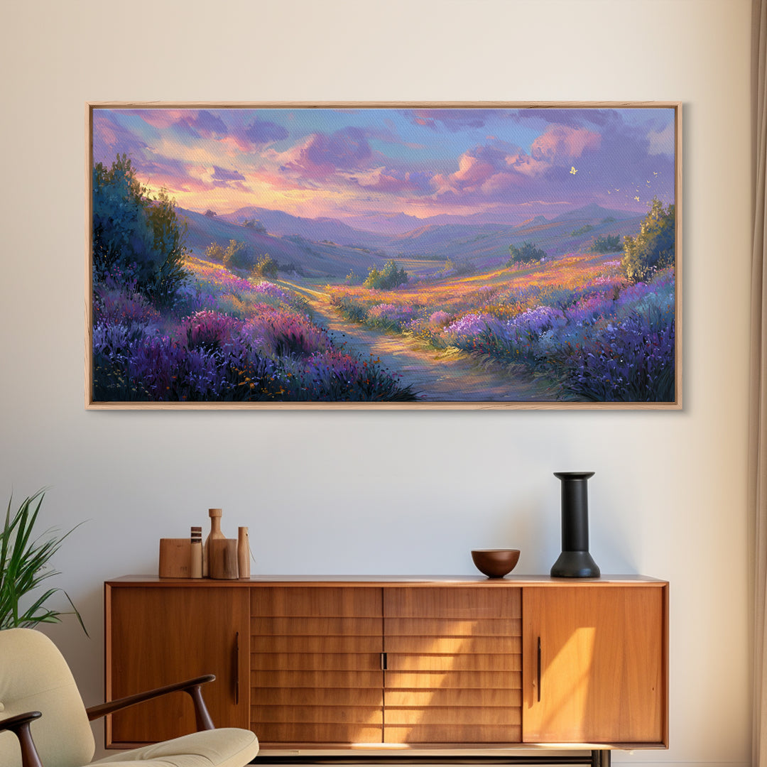 Lavender Mountain Valley Canvas Print, Colorful Landscape Wall Art, Purple Wildflower Living Room Decor, Statement Large Print