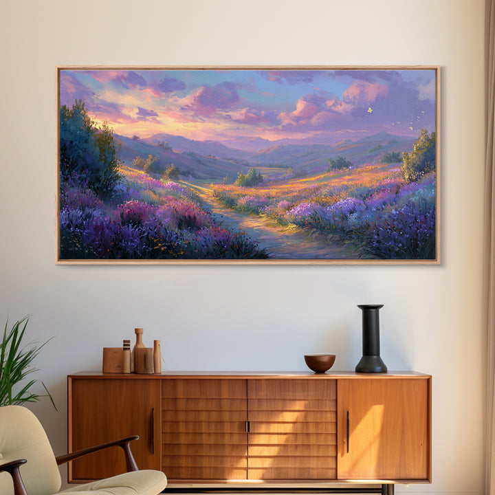 Lavender Mountain Valley Canvas Print, Colorful Landscape Wall Art, Purple Wildflower Living Room Decor, Statement Large Print
