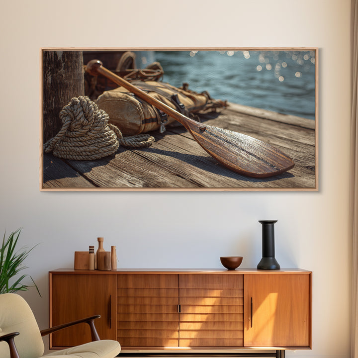 Weathered Paddle And Rope On Dock Canvas Print, Nautical Wall Art, Lake House Decor, Coastal Cabin Gift, Rustic Boat Print