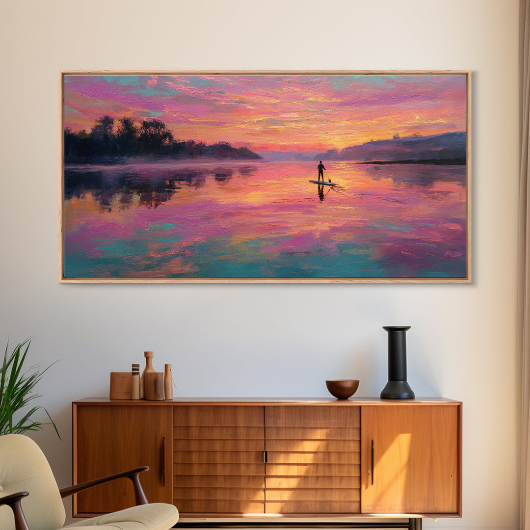 Paddleboarder On Pink Sunset Lake Wall Art, Colorful Seascape Canvas Print, Romantic Coastal Decor, Large Living Room Art