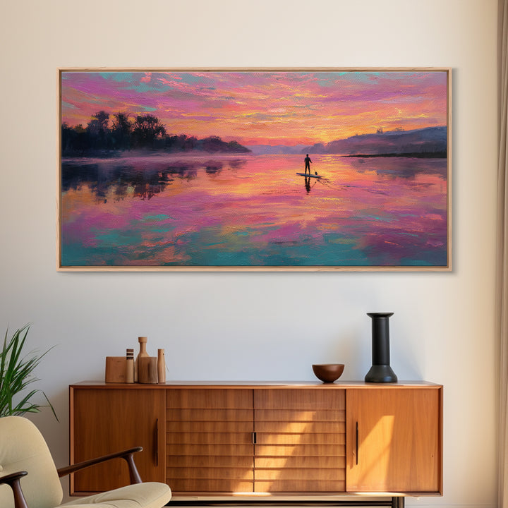 Paddleboarder On Pink Sunset Lake Wall Art, Colorful Seascape Canvas Print, Romantic Coastal Decor, Large Living Room Art