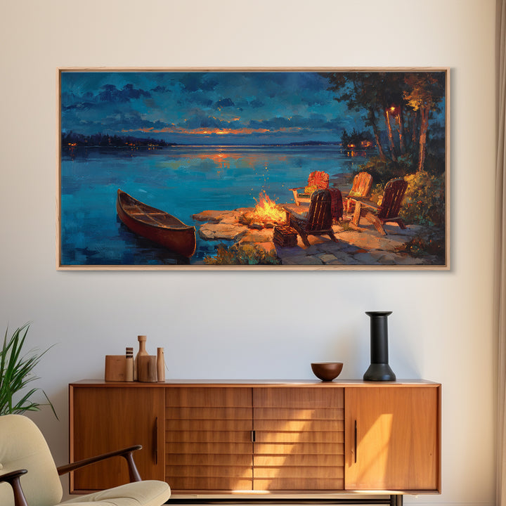 Cozy Lakeside Campfire Wall Art, Adirondack Chairs And Canoe Canvas, Rustic Lake House Cabin Decor For Living Room Decor