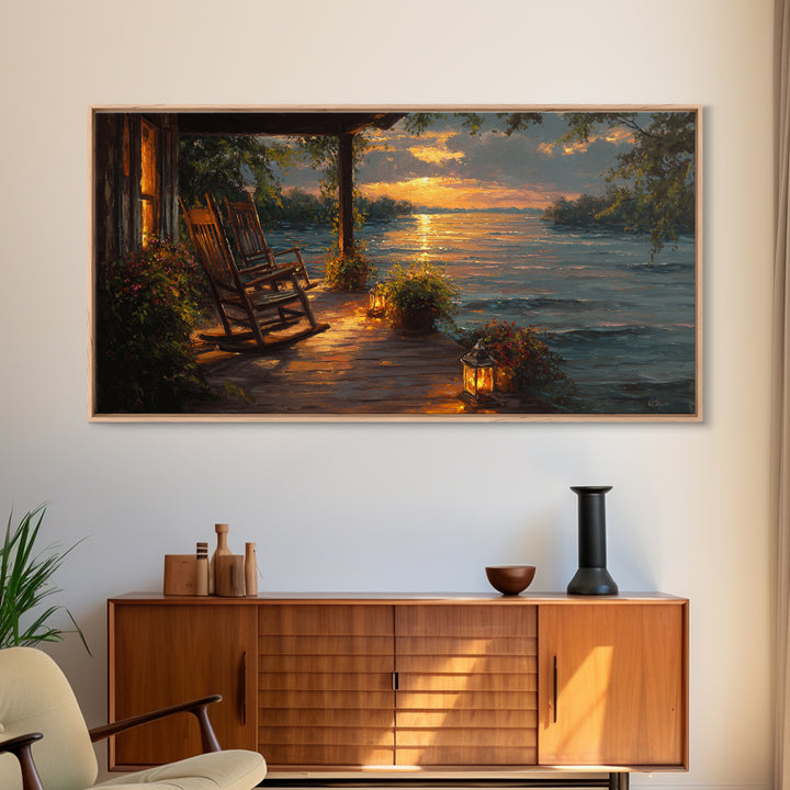 Sunset Porch Rocking Chair By Lake Wall Art, Cozy Cabin Canvas Print, Rustic Lakeside Home Decor, Housewarming Gift, Living Room Decor