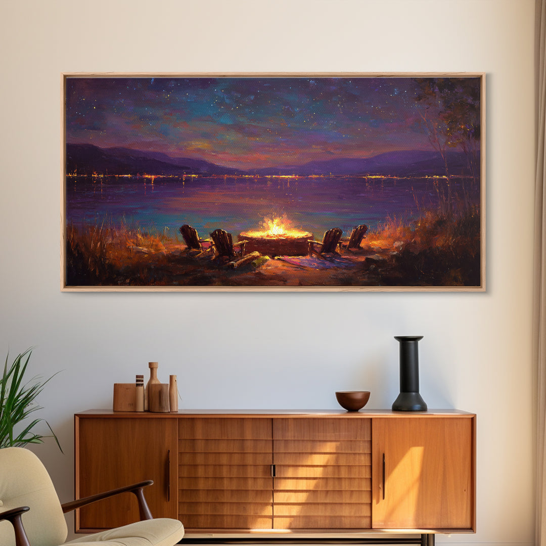 Campfire By Starlit Mountain Lake Canvas Print, Cozy Cabin Wall Decor, Rustic Landscape Art, Nature Lover Home Decor Gift