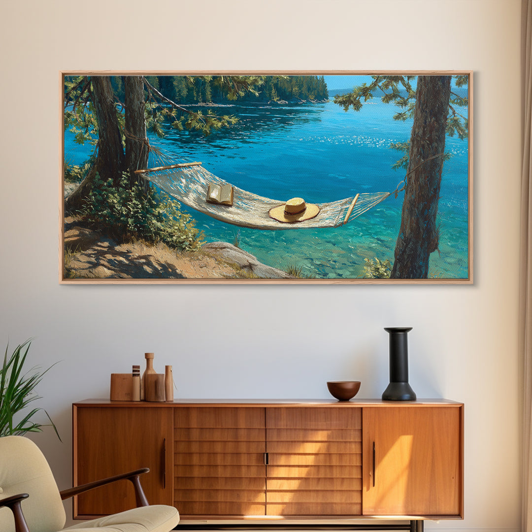 Lake Hammock Retreat Wall Art, Coastal Cabin Canvas Print, Nature Landscape, Lake House Decor, Relaxing Summer Home Decor