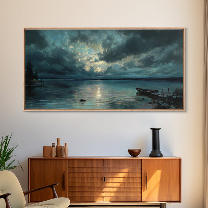 Stormy Moonlit Lake With Rowboat Wall Art, Moody Seascape Canvas Print, Dark Coastal Landscape Art, Living Room Decor, Office Decor