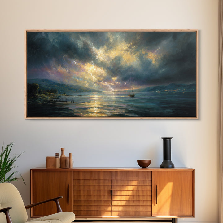 Stormy Ocean Lightning Seascape Canvas Print, Moody Wall Art, Nautical Decor, Coastal Landscape, Large Living Room Art Print