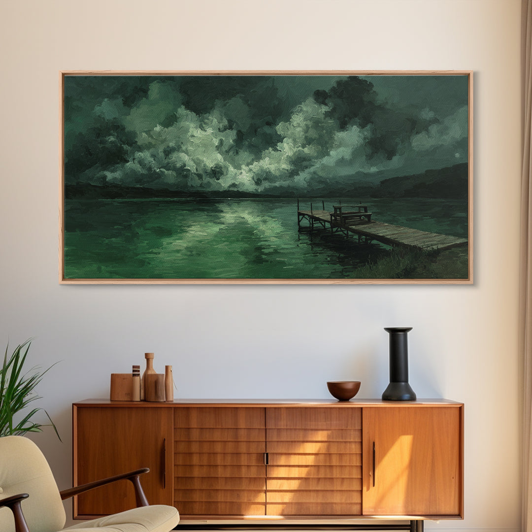 Moody Green Lake Dock At Stormy Night Wall Art, Dark Landscape Canvas Print, Rustic Cabin Decor, Emerald Nature Painting