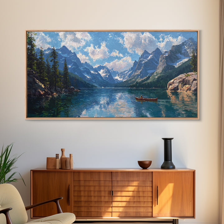 Mountain Lake Canoe Wall Art, Alpine Landscape Canvas Print, Serene Nature Decor, Large Rustic Cabin Gift For Living Room