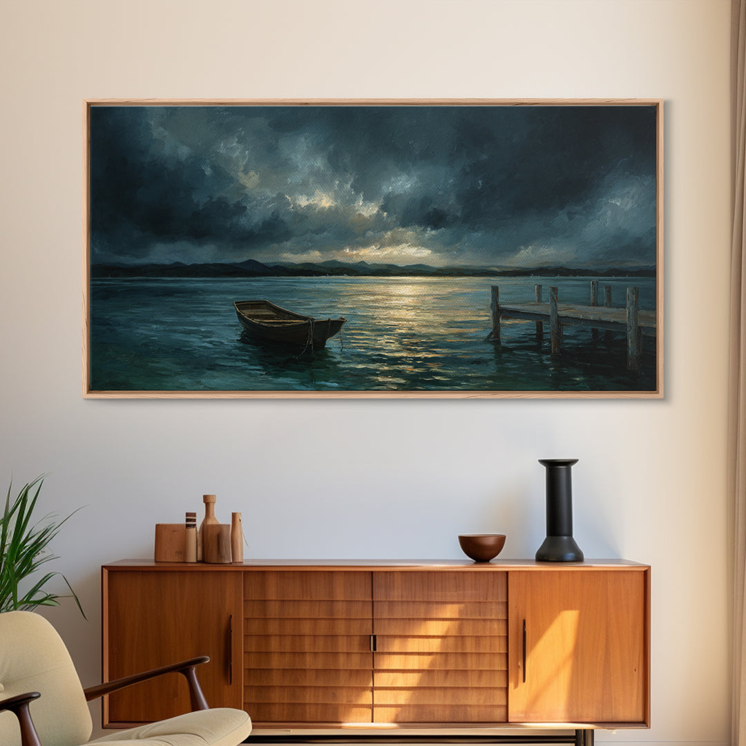 Stormy Row Boat And Wooden Dock Seascape Wall Art, Moody Ocean Canvas Print, Coastal Decor, Nautical Wall Decor Gift For Him