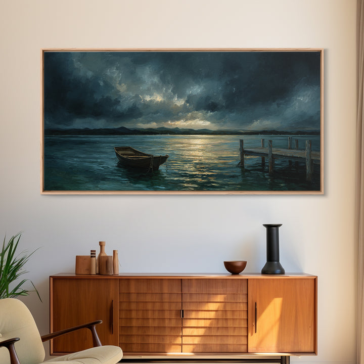 Stormy Row Boat And Wooden Dock Seascape Wall Art, Moody Ocean Canvas Print, Coastal Decor, Nautical Wall Decor Gift For Him