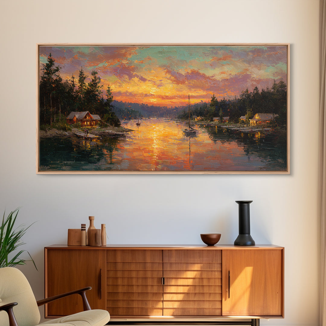 Glowing Lakeside Cabins At Sunset Framed Canvas Print, Rustic Lake House Wall Art, Cabin Decor, Landscape Painting, Living Room Decor