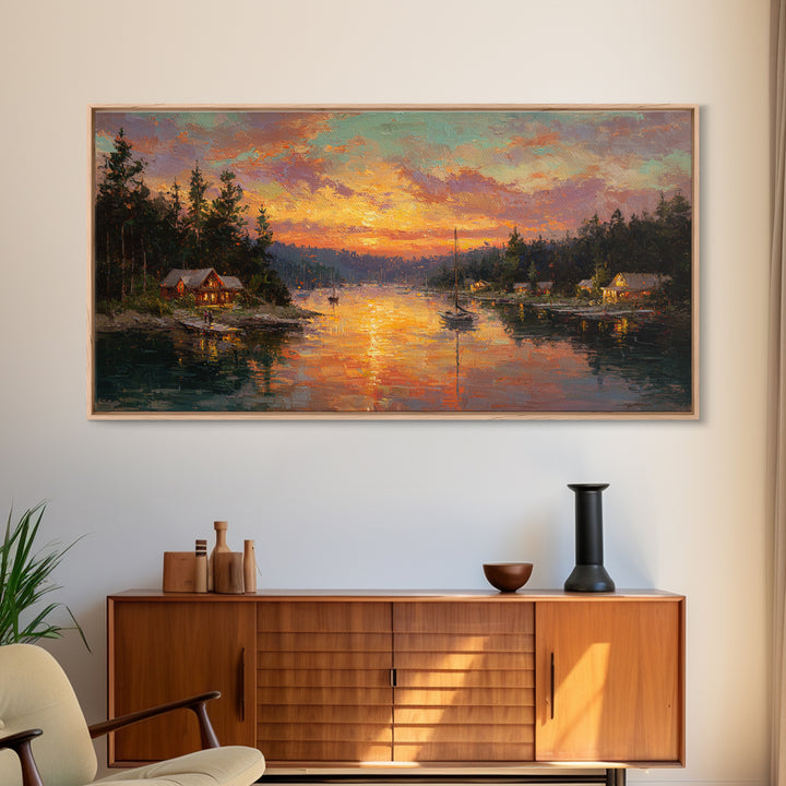 Glowing Lakeside Cabins At Sunset Framed Canvas Print, Rustic Lake House Wall Art, Cabin Decor, Landscape Painting, Living Room Decor