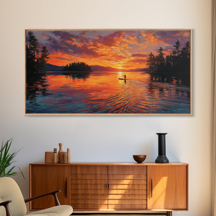 Fiery Sunset Kayaker On Mountain Lake Wall Art, Canvas Print, Outdoor Adventure Decor, Lake House Gift, Large Wall Art, Sunset Painting