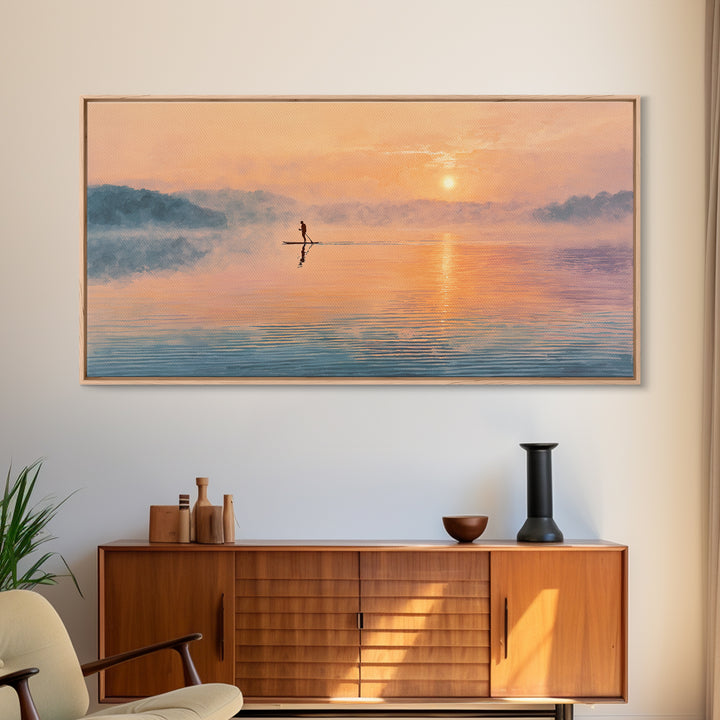 Minimal Paddleboarder On Misty Sunrise Lake Canvas Print, Calming Wall Art, Coastal Decor, Minimalist Landscape Art, Bedroom Decor