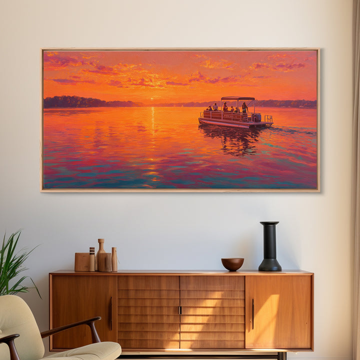 Orange Sunset Pontoon Boat On Calm Lake Framed Canvas Print, Lake House Wall Art, Nautical Decor, Summer Home Decor, Gift For Him