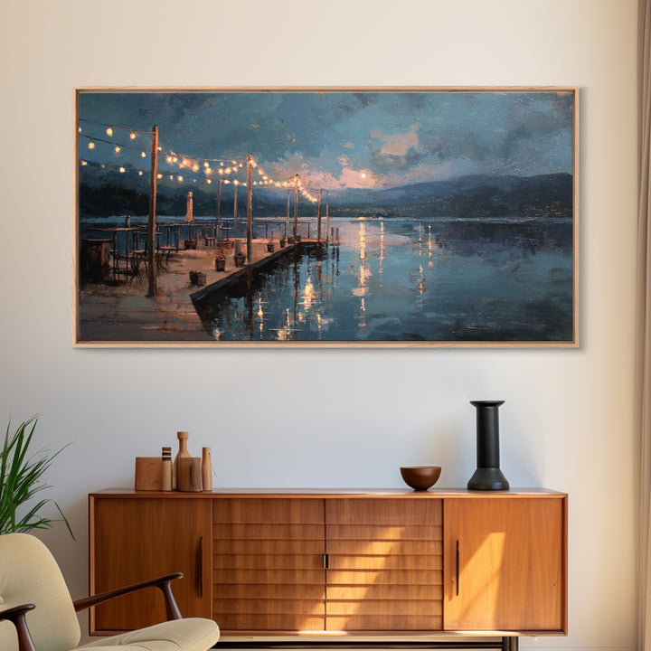 Moonlit Dock With String Lights Framed Canvas Print, Moody Lake Wall Art, Coastal Wall Decor, Rustic Cabin Home Decor, Office Decor