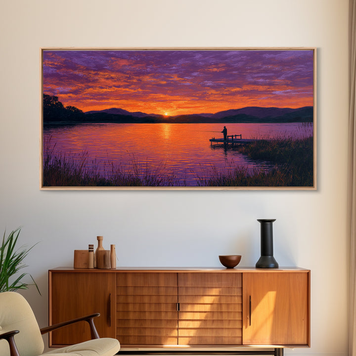 Solitary Figure On Dock At Purple Sunset Wall Art, Framed Canvas Print, Mountain Lake Decor, Peaceful Bedroom Art, Living Room Decor