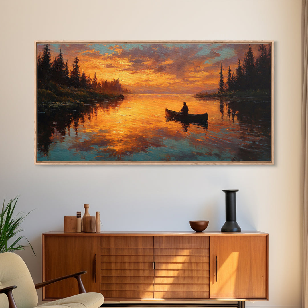 Golden Canoe At Sunset On Quiet Forest Lake Canvas Print, Rustic Cabin Wall Art, Nature Decor, Landscape Painting, Lake House Decor