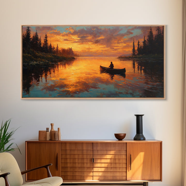 Golden Canoe At Sunset On Quiet Forest Lake Canvas Print, Rustic Cabin Wall Art, Nature Decor, Landscape Painting, Lake House Decor