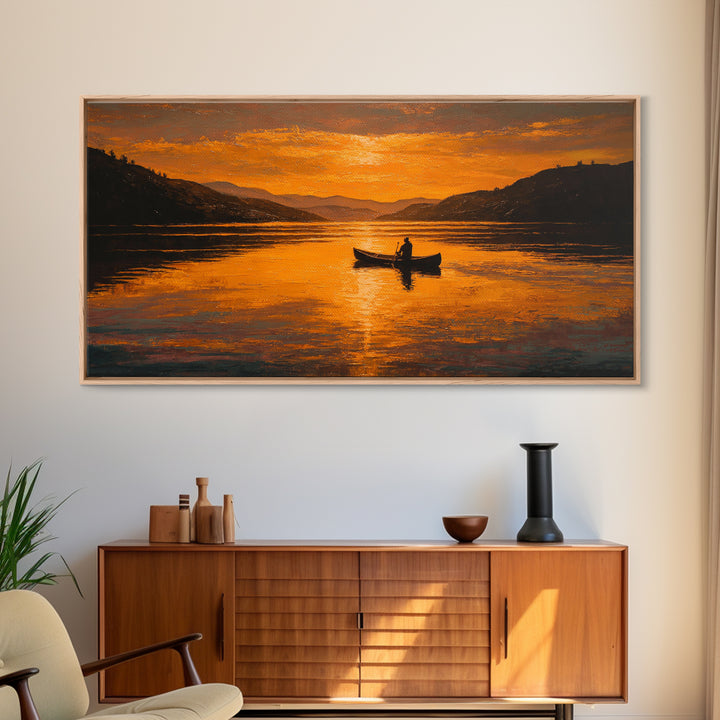 Orange Sunset Lake Boat Silhouette Canvas Print, Rustic Landscape Wall Decor, Serene Cabin Living Room Art, Housewarming Gift