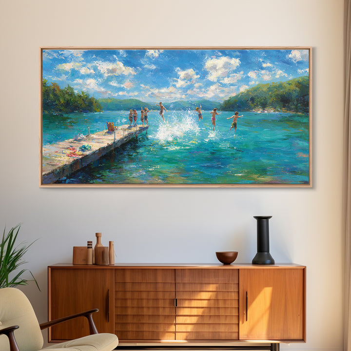 Joyful Summer Kids Jumping Into Blue Lake Artwork, Vibrant Landscape Canvas Print, Wall Art For Family Room And Children's Bedroom Decor