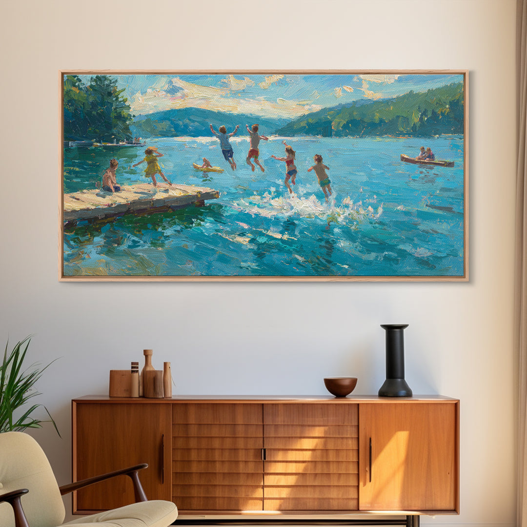 Children Jumping Into Lake On Summer Day With Vibrant Blue Water And Green Landscape Wall Art Canvas Print For Home Decor