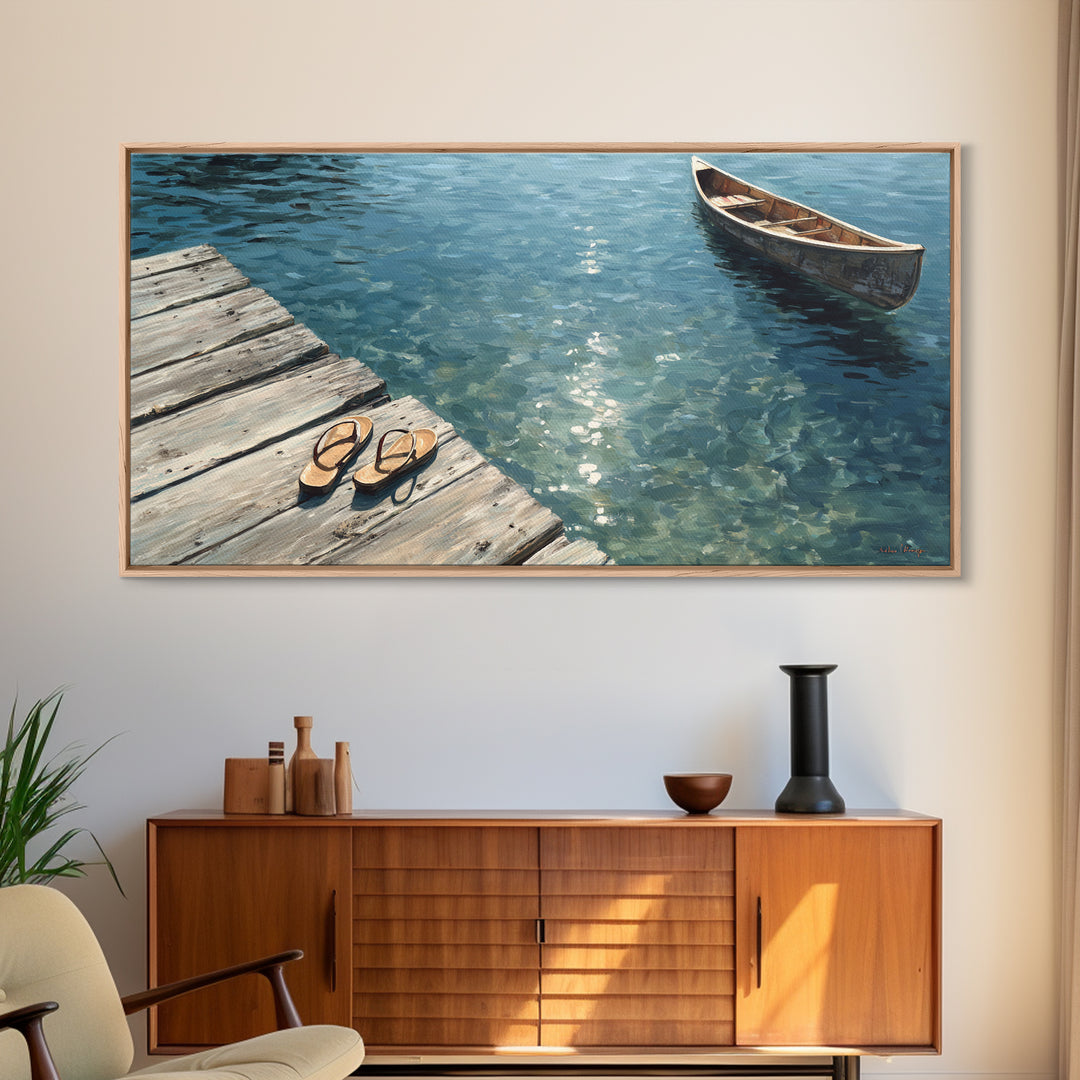 Serene Lake View With Wooden Boat And Dock Landscape Wall Art Framed Canvas Print For Coastal Home Decor