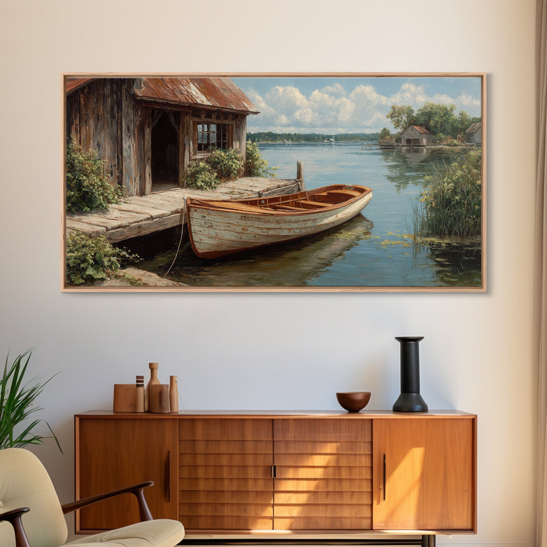 Rustic Waterfront Scene With Wooden Rowboat And Weathered Dock Painting Wall Art Canvas Print For Living Room Decor
