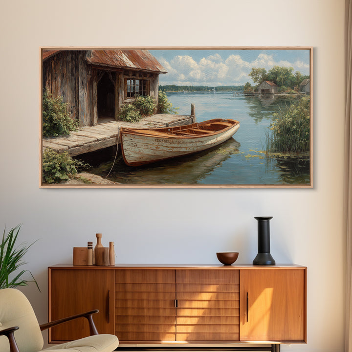 Rustic Waterfront Scene With Wooden Rowboat And Weathered Dock Painting Wall Art Canvas Print For Living Room Decor