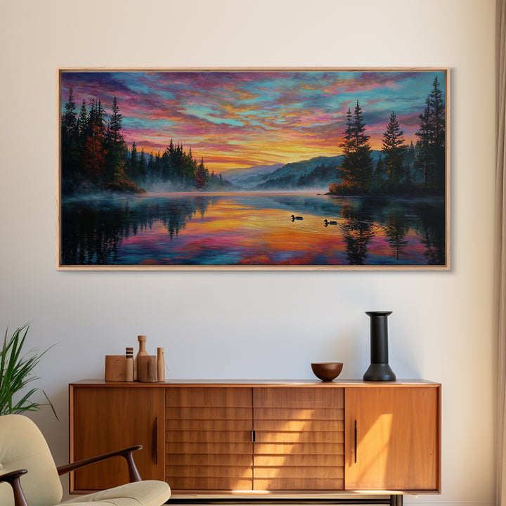 Serene Misty Lake Sunset Landscape Painting Wall Art Canvas Print For Tranquil Living Room Décor