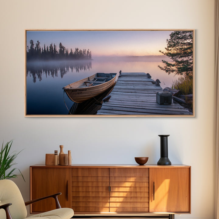 Misty Lake Morning With Boat And Trees Soft Pastel Landscape Wall Art For Rustic Home Decor And Large Framed Canvas Print