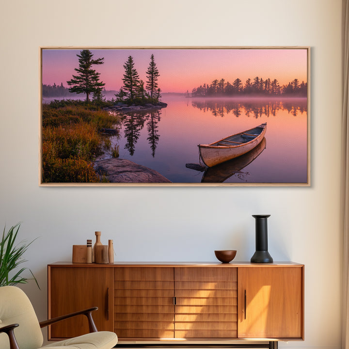 Peaceful Canoe On Misty Calm Lake At Sunrise Nature Wall Art Canvas Print For Tranquil Home Decor