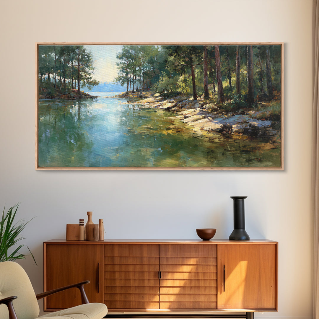 Woodland Landscape Painting With Misty Lake Framed Canvas Print Wall Art Rustic Nature Home Decor Large Art Print