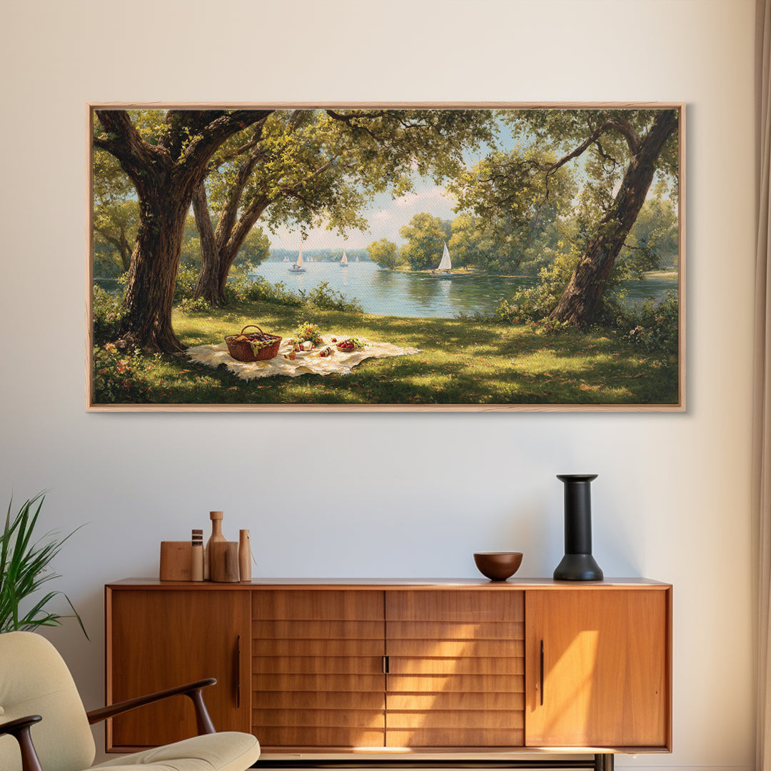 Idyllic Lakeside Picnic Scene With Trees And Sailboats Wall Art Framed Canvas Print For Living Room Decor