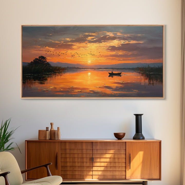 Majestic Sunset Over Calm River With Birds Flying Silhouettes Realistic Painting Wall Art Framed Canvas Print For Serene Decor