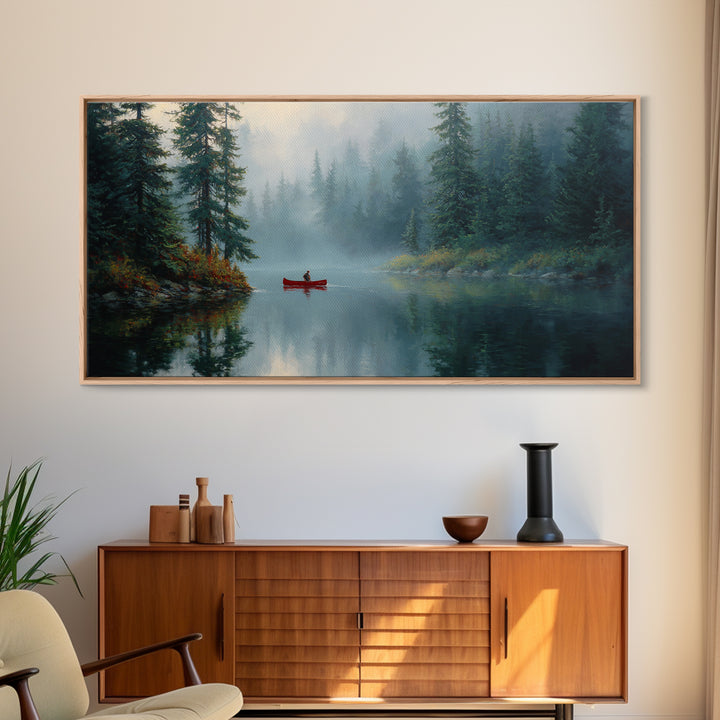 Peaceful Forest Lake With Canoe And Mist Landscape Oil Painting Canvas Print Large Wall Art For Cozy Living Room Decor