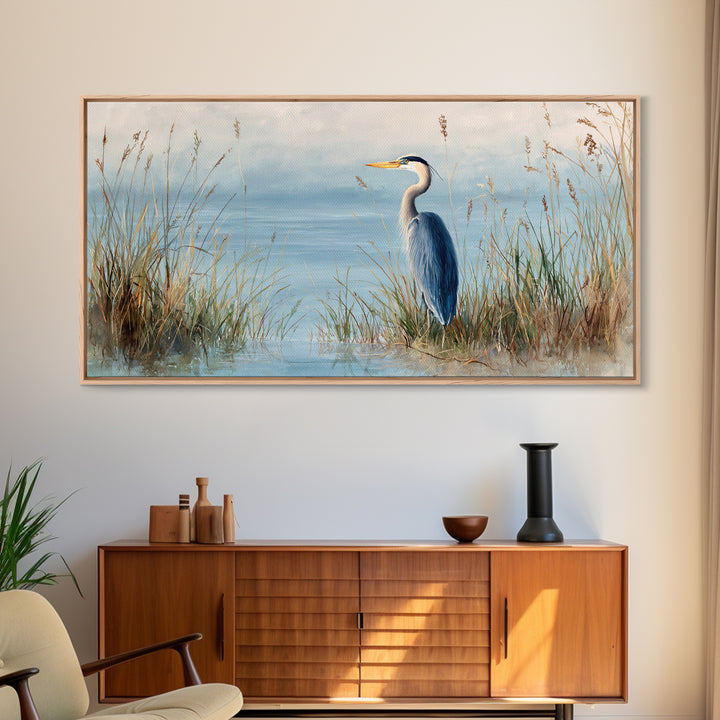 Serene Blue Heron In Marsh Landscape Painting Fine Art Print Framed Canvas Print Coastal Wall Art Quiet Nature Decor