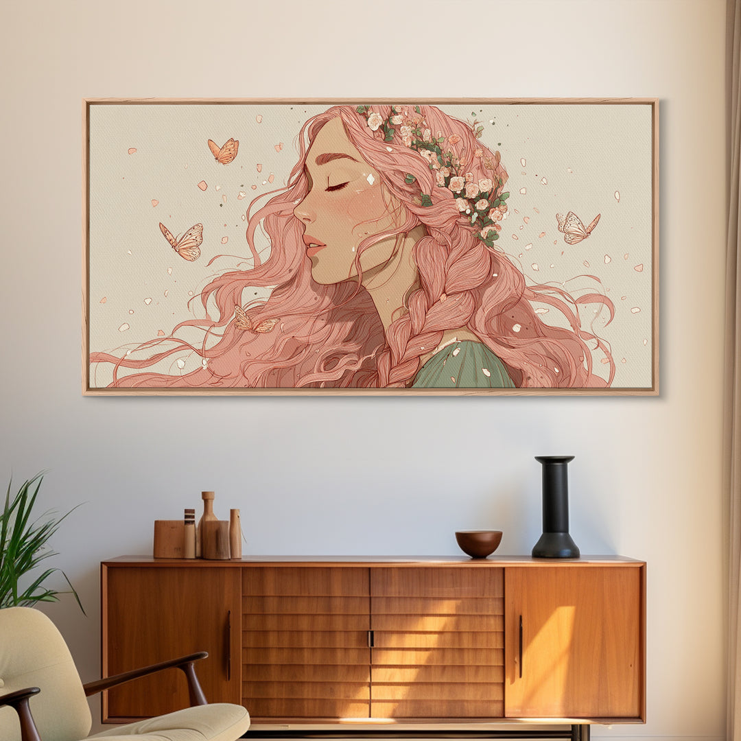 Pink Braided Floral Woman Portrait Wall Art, Feminine Boho Decor, Whimsical Butterfly Canvas Art, Gift For Her, Living Room Decor