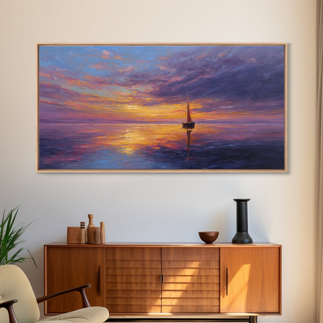 Sailboat Sunset Canvas Print Colorful Seascape Wall Art Modern Coastal Home Decor Nautical Poster