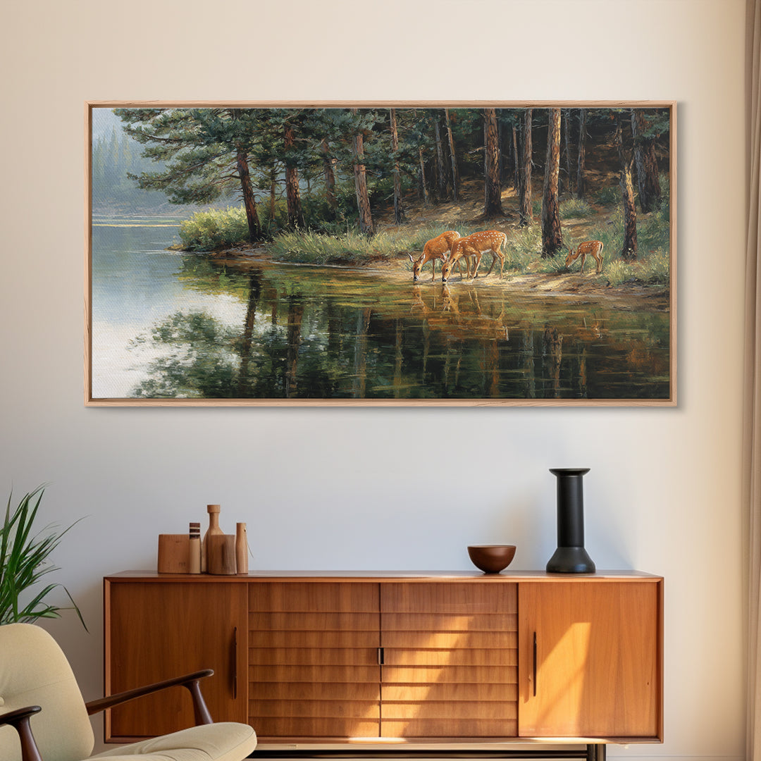 Realistic Wildlife Painting Deer Family Nature Wall Art Canvas Print For Rustic Home Decor And Living Room
