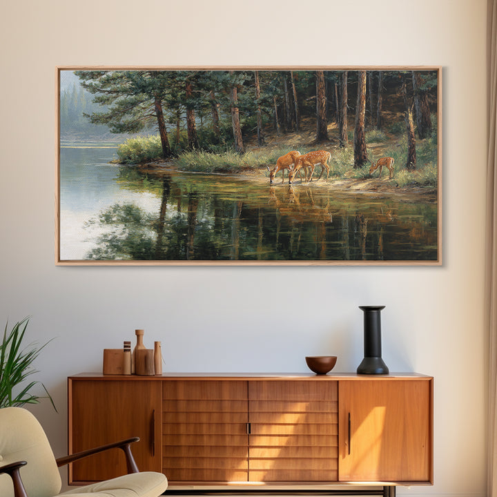 Realistic Wildlife Painting Deer Family Nature Wall Art Canvas Print For Rustic Home Decor And Living Room
