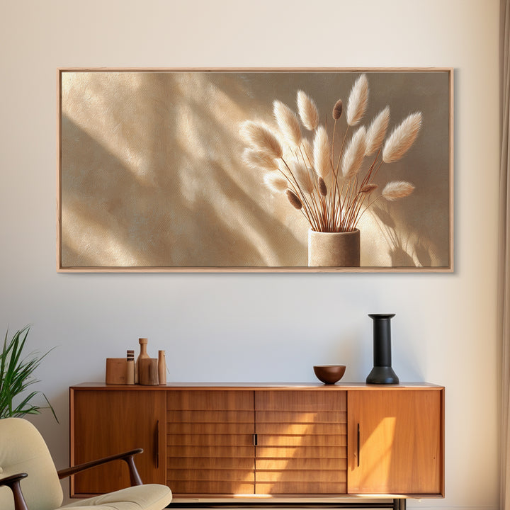 Soft Pampas Grass In Beige Sunlight Canvas Print, Minimalist Neutral Wall Art, Japandi Bedroom Decor Gift For Her, Modern Home Decor