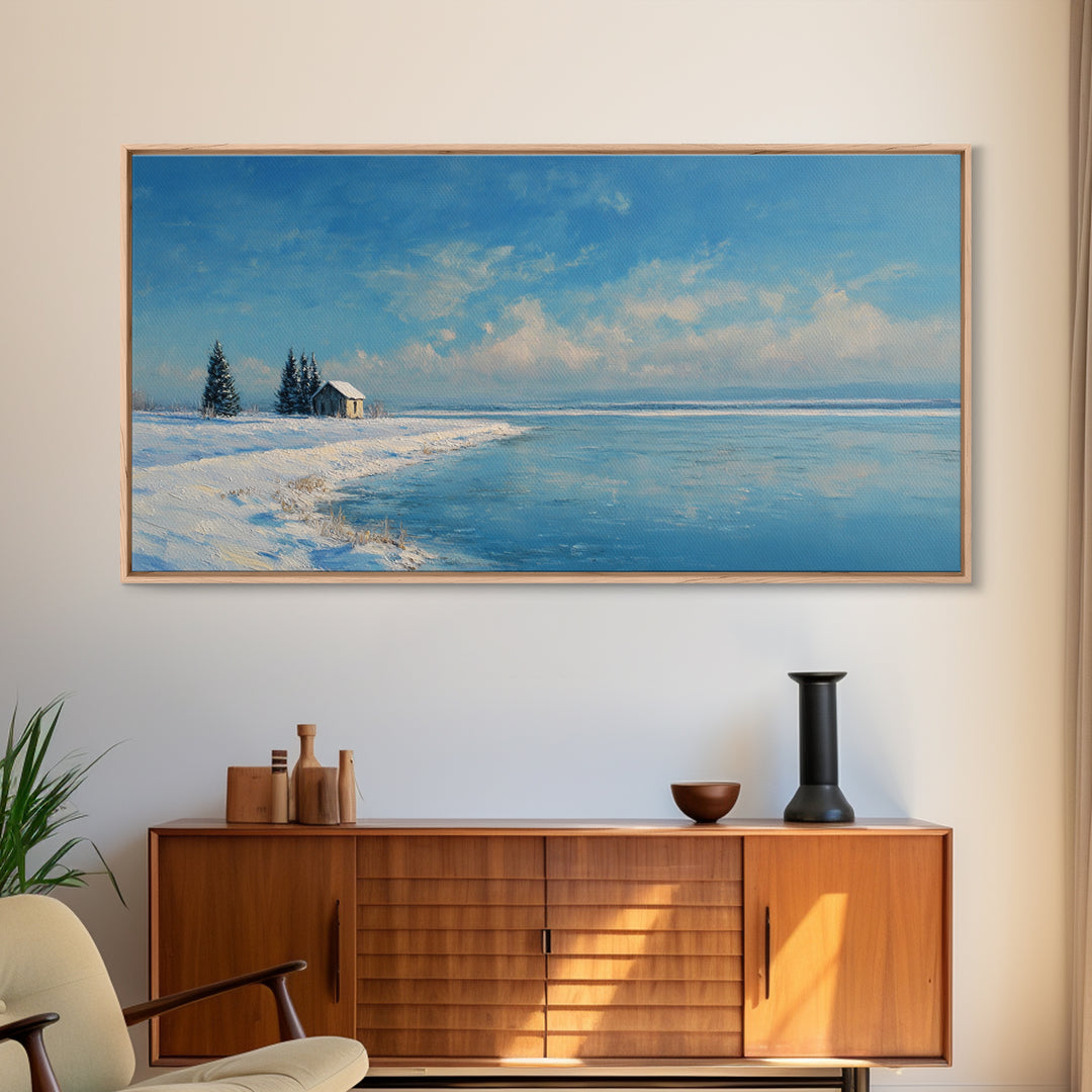 Serene Winter Lake Landscape Painting With Snowy Cabin And Pine Trees Art Print Wall Art Canvas Print For Home Decor