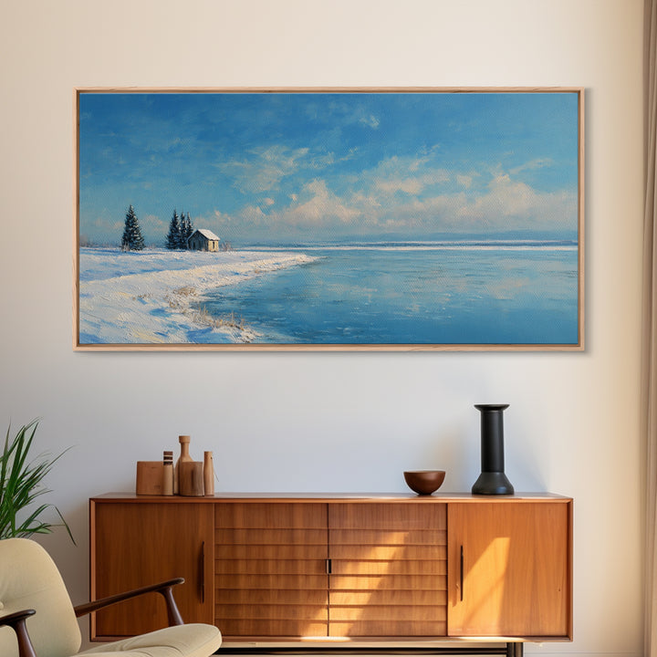 Serene Winter Lake Landscape Painting With Snowy Cabin And Pine Trees Art Print Wall Art Canvas Print For Home Decor